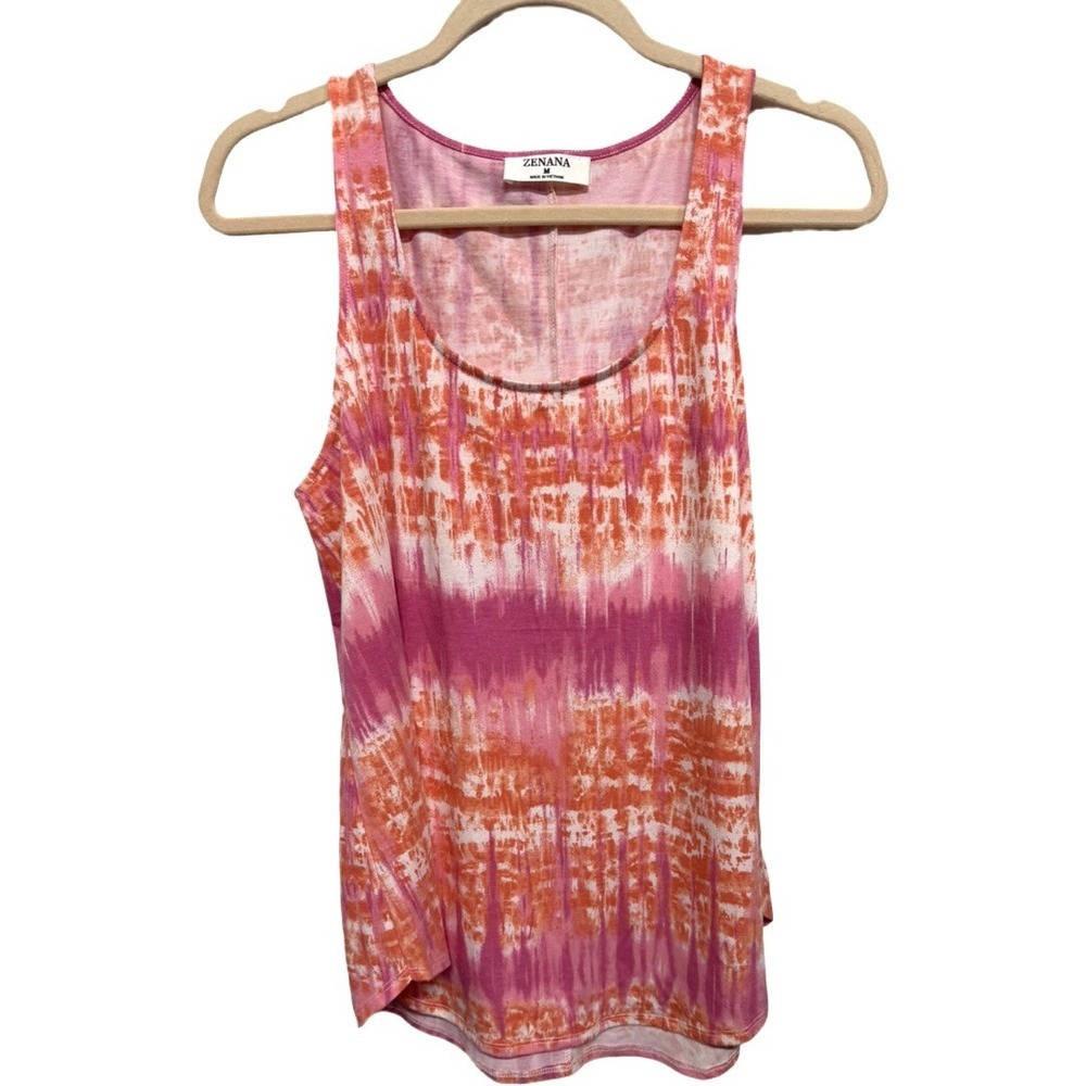 Zenana Tie Dye Sleeveless Tank Top Women's Medium Pink Orange Relaxed Stretch